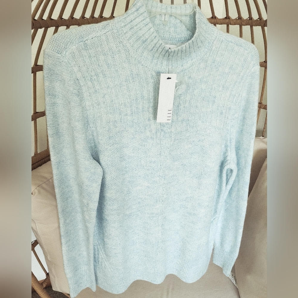 Elle Women's Knit Fabric Ribbed Pullover Blue Silver Glitter Sweater Sz L (NWT)